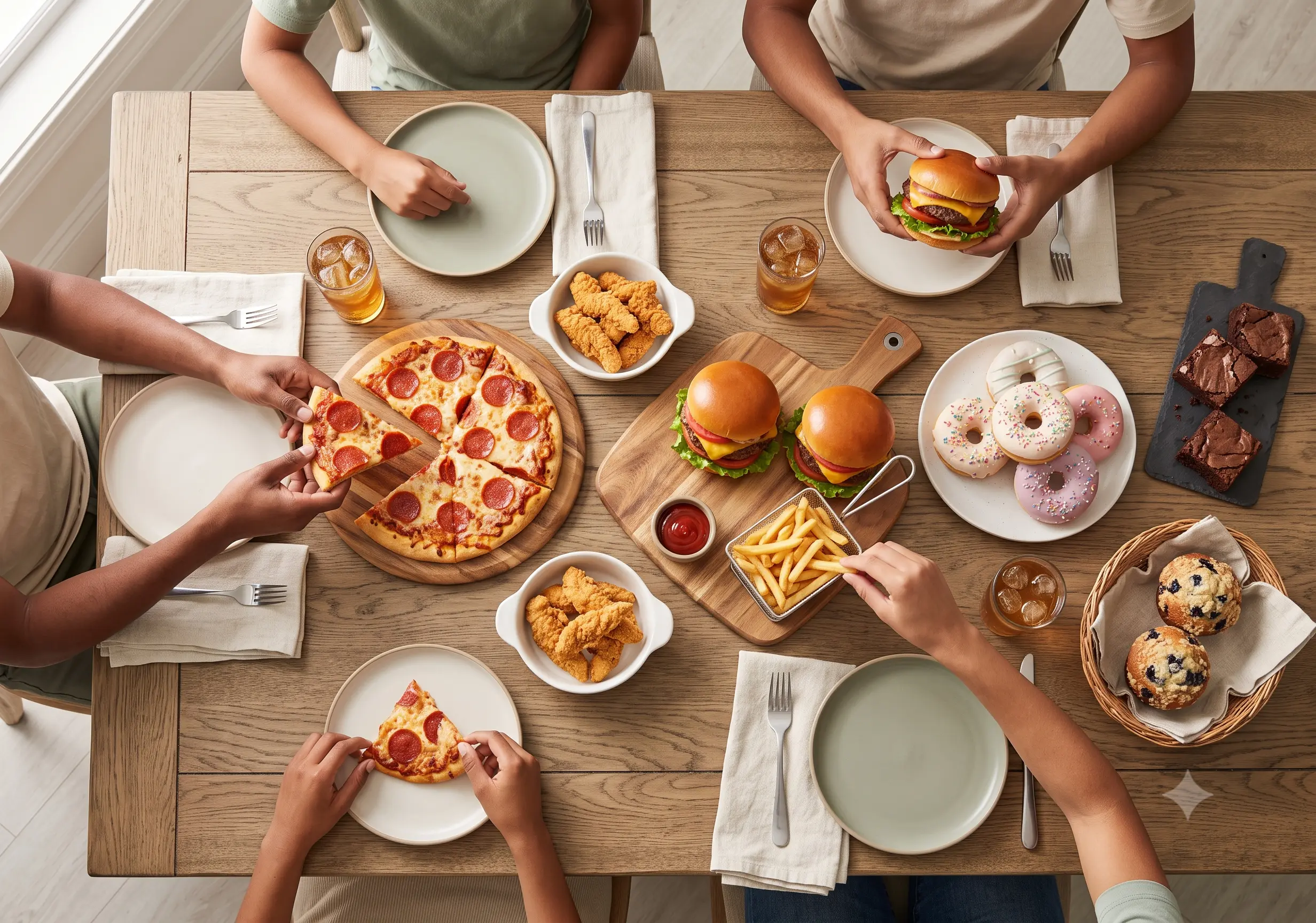 Sekelompok orang menikmati pizza, burger, dan makanan cepat saji